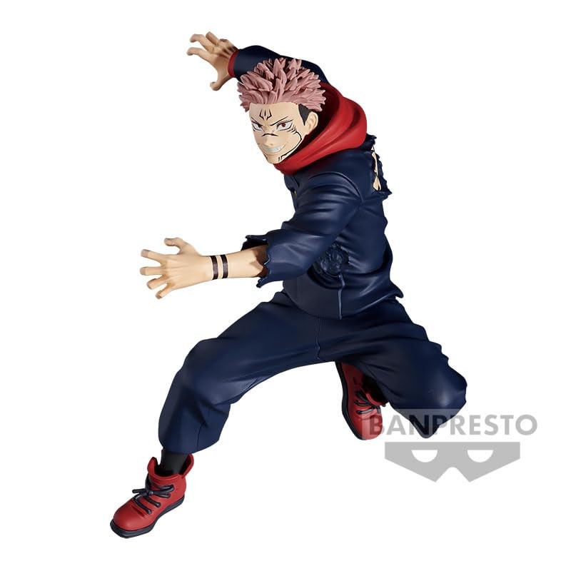 Figurine Funko Pop! de Ryomen Sukuna de la série Jujutsu Kaisen en tenue bleu foncé, en posture dynamique avec un sourire menaçant. Vue de face à mi-distance.
