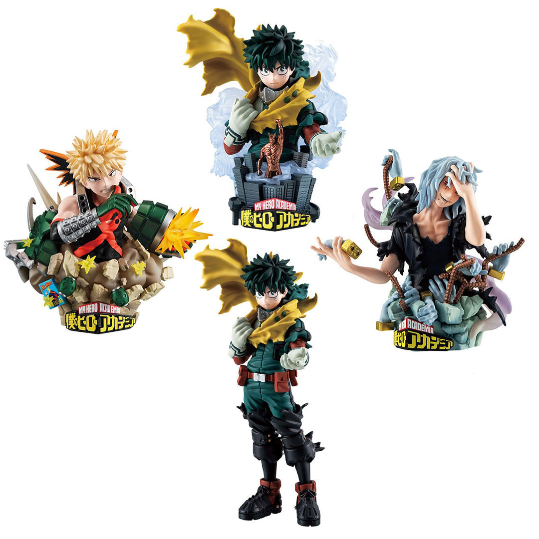 Vue de face à mi-distance de Katsuki Bakugo, Izuku Midoriya et Tomura Shigaraki de My Hero Academia en costumes de héros, avec effets d'explosion et de décomposition.