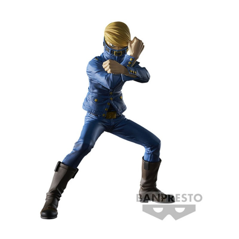 Vue 3/4 de face à mi-distance de la figurine Best Jeanist de My Hero Academia en costume en denim, avec une expression déterminée.