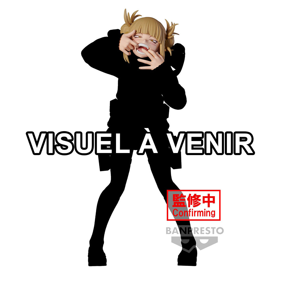 Vue 3/4 de face à distance totale de la figurine de Himiko Toga de My Hero Academia en tenue noire, posant avec des doigts en geste de pistolet.