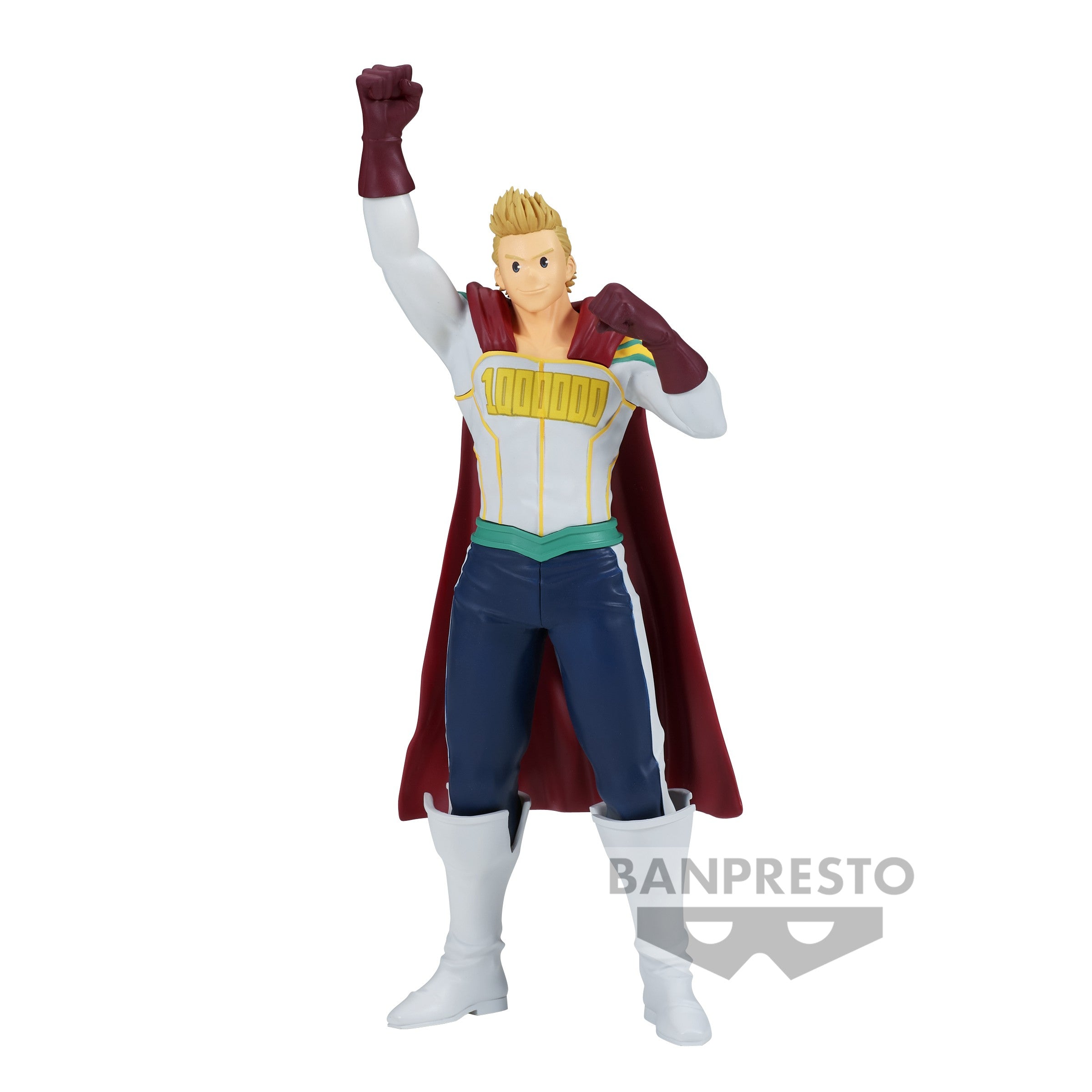 Vue 3/4 de face à pleine distance de la figurine de Mirio Togata de My Hero Academia en costume ajusté avec une cape rouge, poing droit levé.