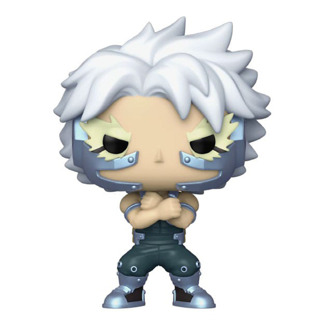 Vue de face en plan entier de la Funko Pop! de Tetsutetsu Tetsutetsu de My Hero Academia en tenue sans manches, avec bras croisés et accents métalliques.