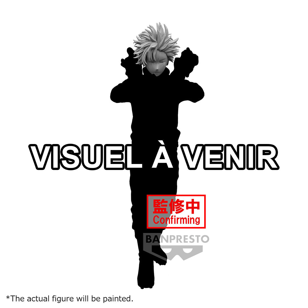 Vue 3/4 de face à mi-distance de la figurine de Shoto Todoroki de My Hero Academia en costume de héros, silhouette noire.