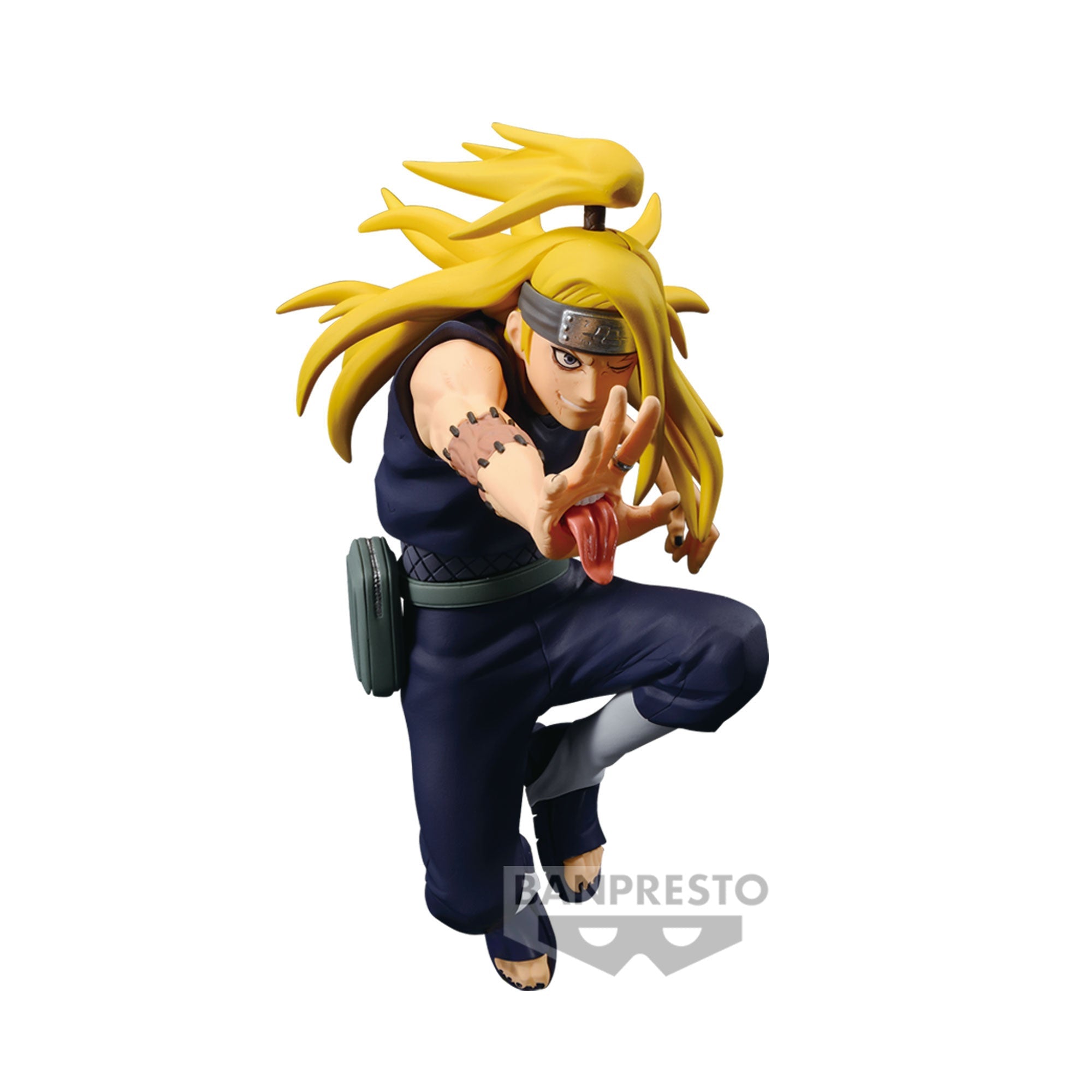 Figurine de Deidara de Naruto Shippuden dans une pose dynamique avec des détails sur sa tenue et ses techniques explosives, fabriquée par BANPRESTO