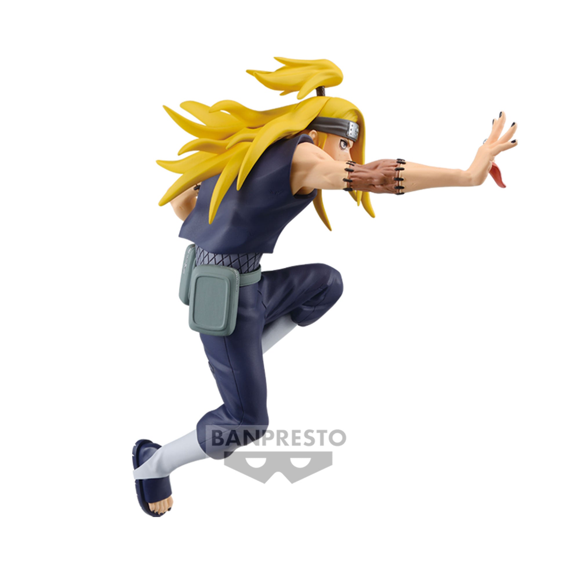 Figurine de Deidara de Naruto Shippuden dans une pose dynamique avec des détails sur sa tenue et ses techniques explosives, fabriquée par BANPRESTO