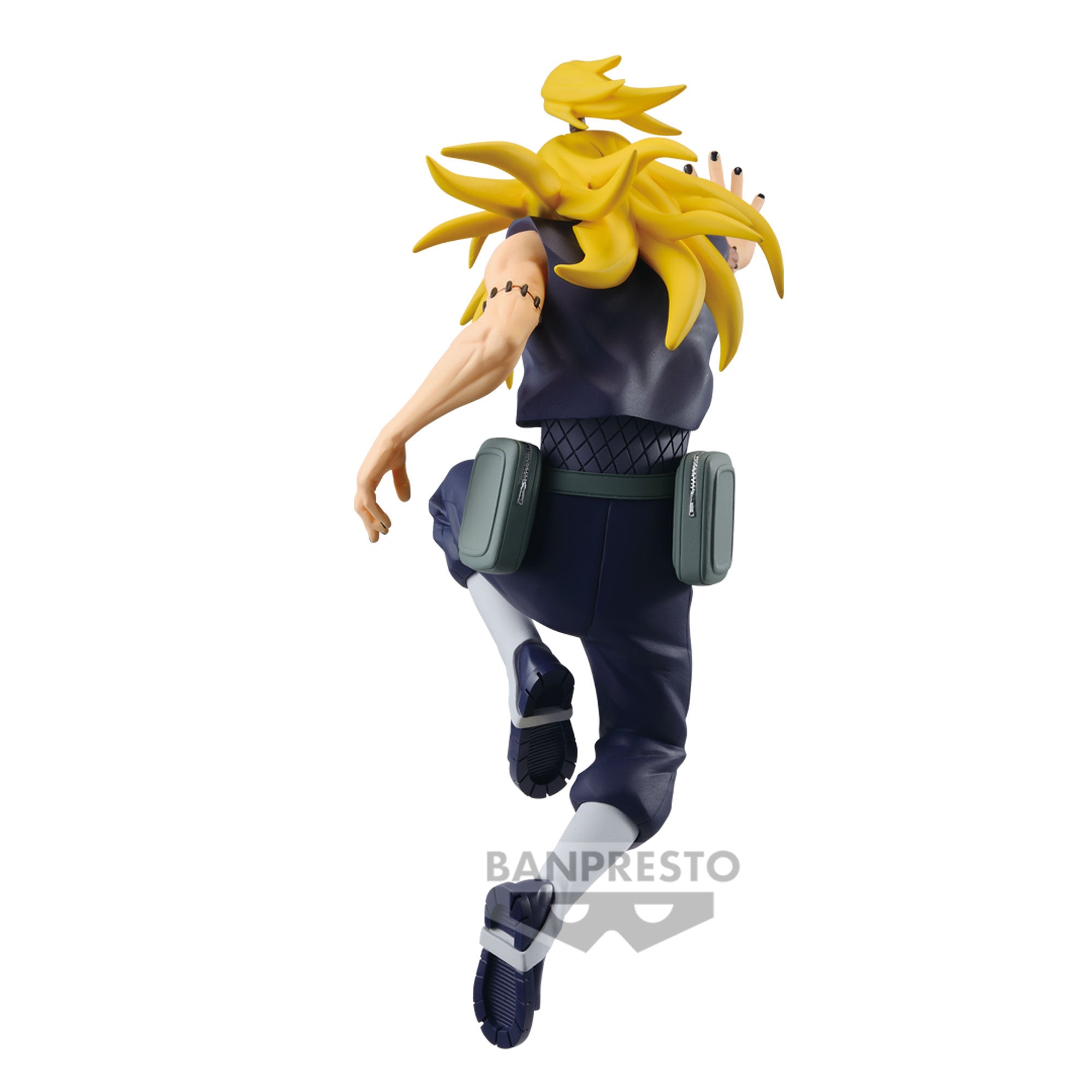 Figurine de Deidara de Naruto Shippuden dans une pose dynamique avec des détails sur sa tenue et ses techniques explosives, fabriquée par BANPRESTO