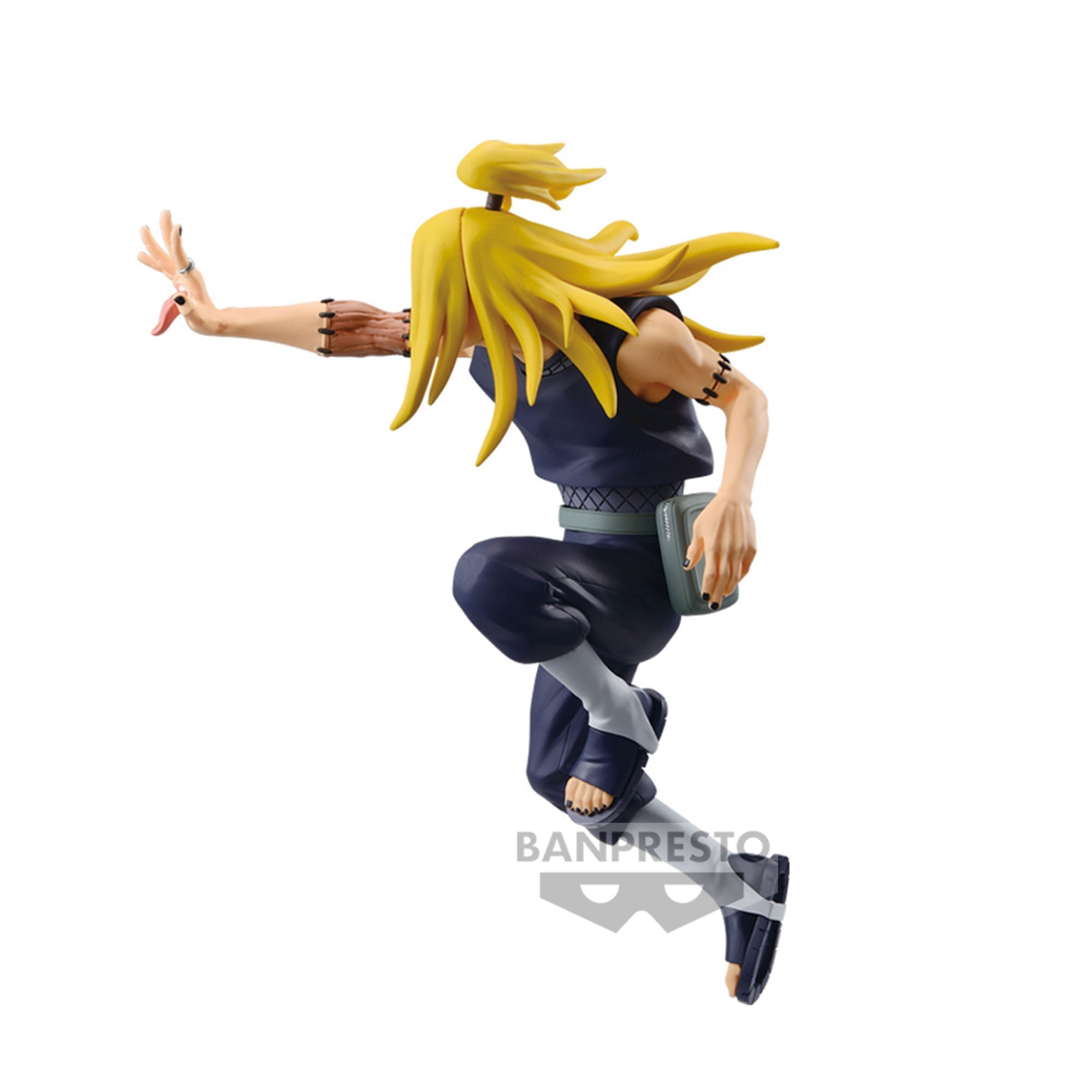 Figurine de Deidara de Naruto Shippuden dans une pose dynamique avec des détails sur sa tenue et ses techniques explosives, fabriquée par BANPRESTO