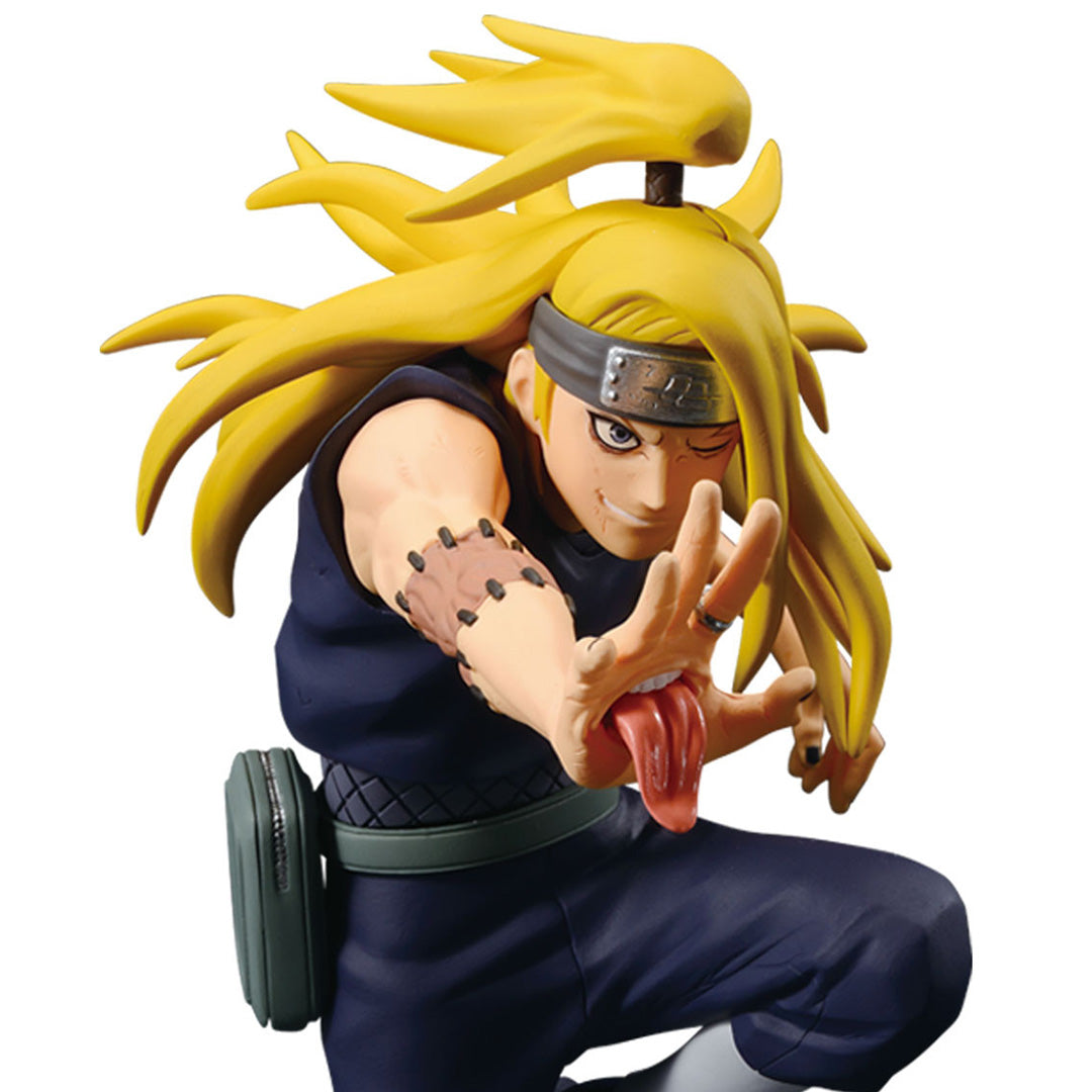 Figurine de Deidara de Naruto Shippuden dans une pose dynamique avec des détails sur sa tenue et ses techniques explosives, fabriquée par BANPRESTO