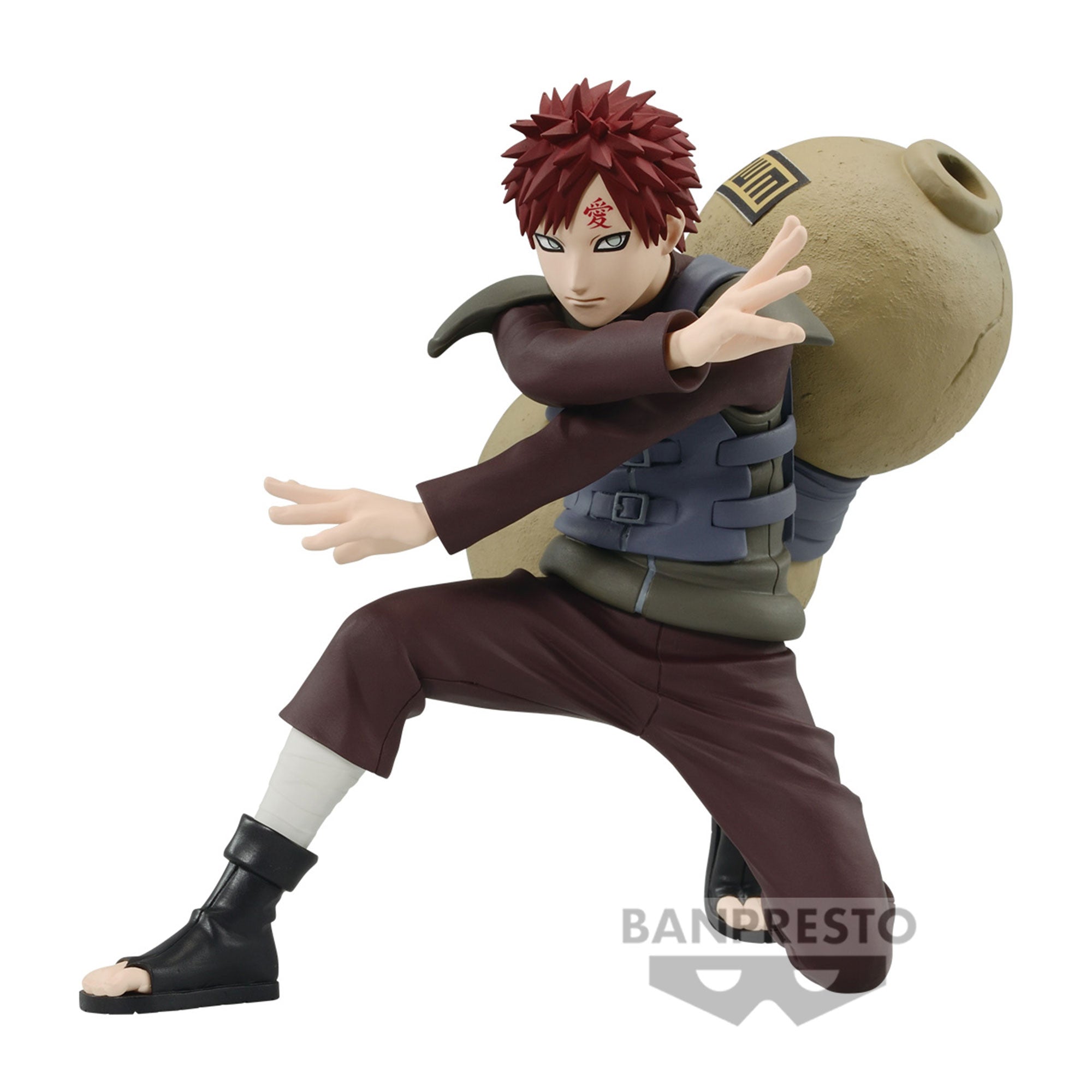 Figurine de Gaara avec des cheveux rouges, un tatouage en forme de diamant et une gourde dans le dos.