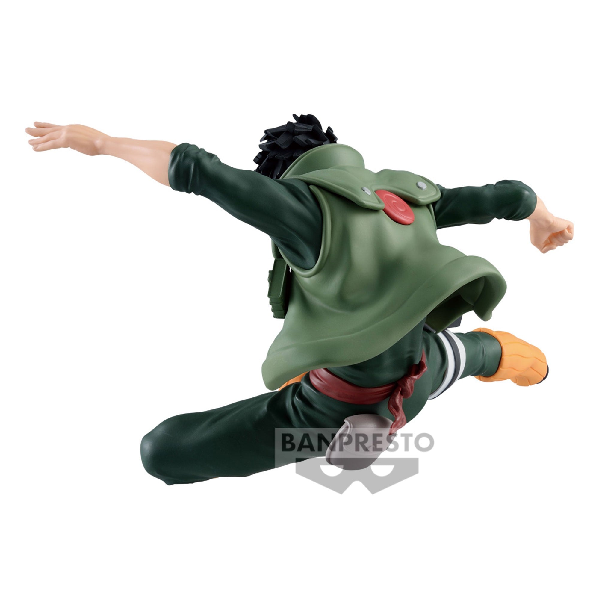Figurine de Gaï Maito en mouvement exécutant un coup de pied acrobatique avec des détails soignés.