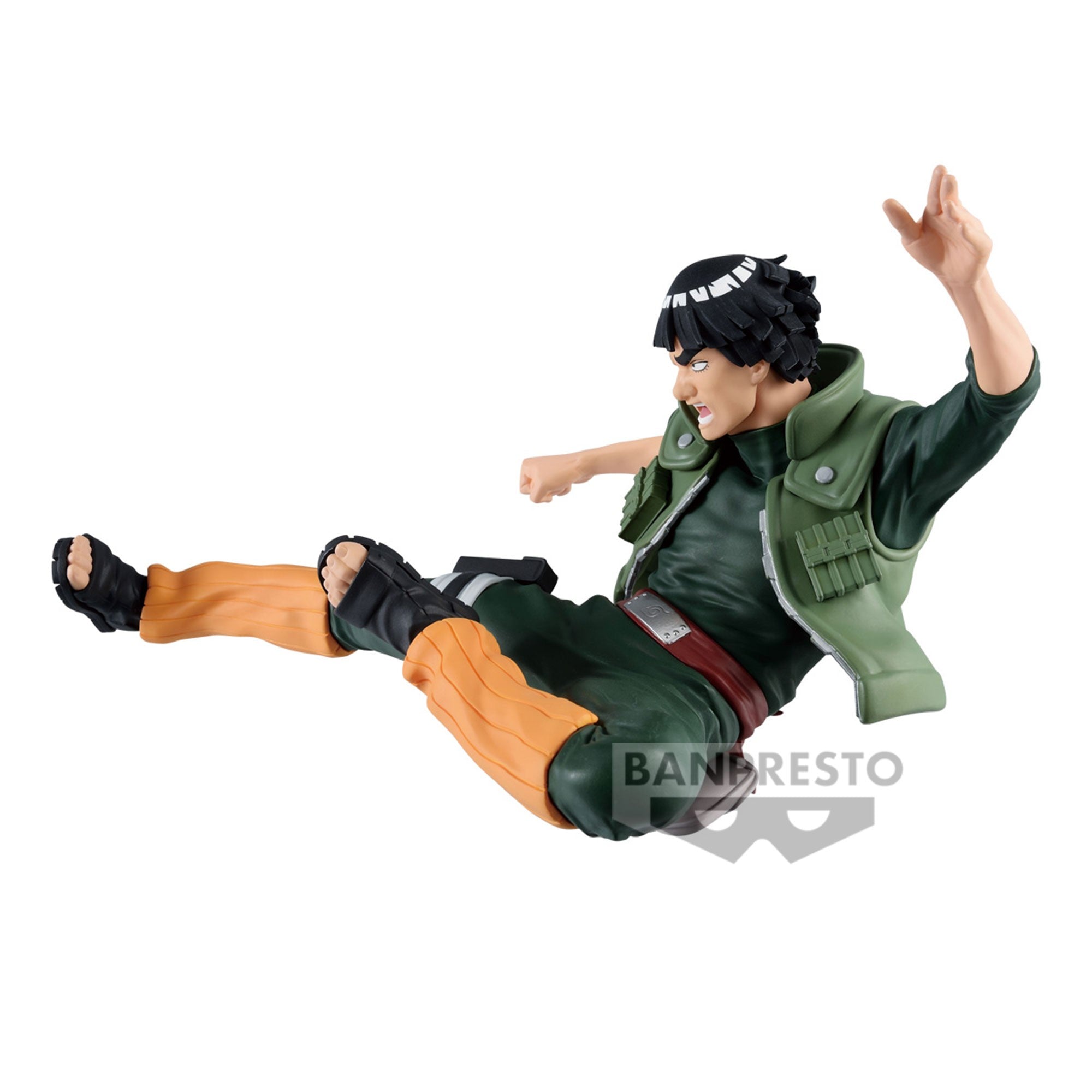 Figurine de Gaï Maito en mouvement exécutant un coup de pied acrobatique avec des détails soignés.