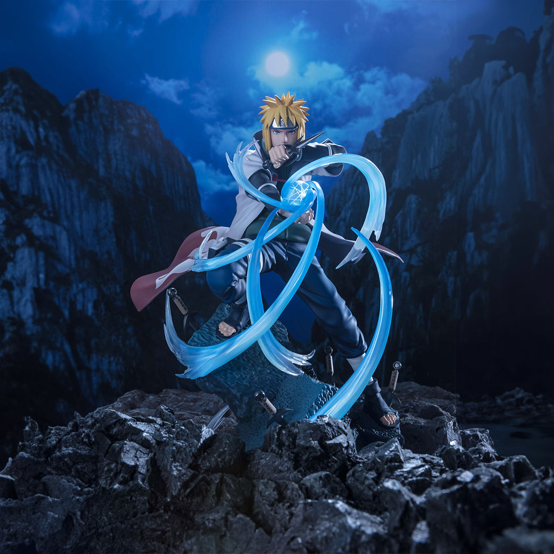 Figurine de Minato Namikaze avec un kunai d'espace-temps et un Rasengan sur un socle rocheux.