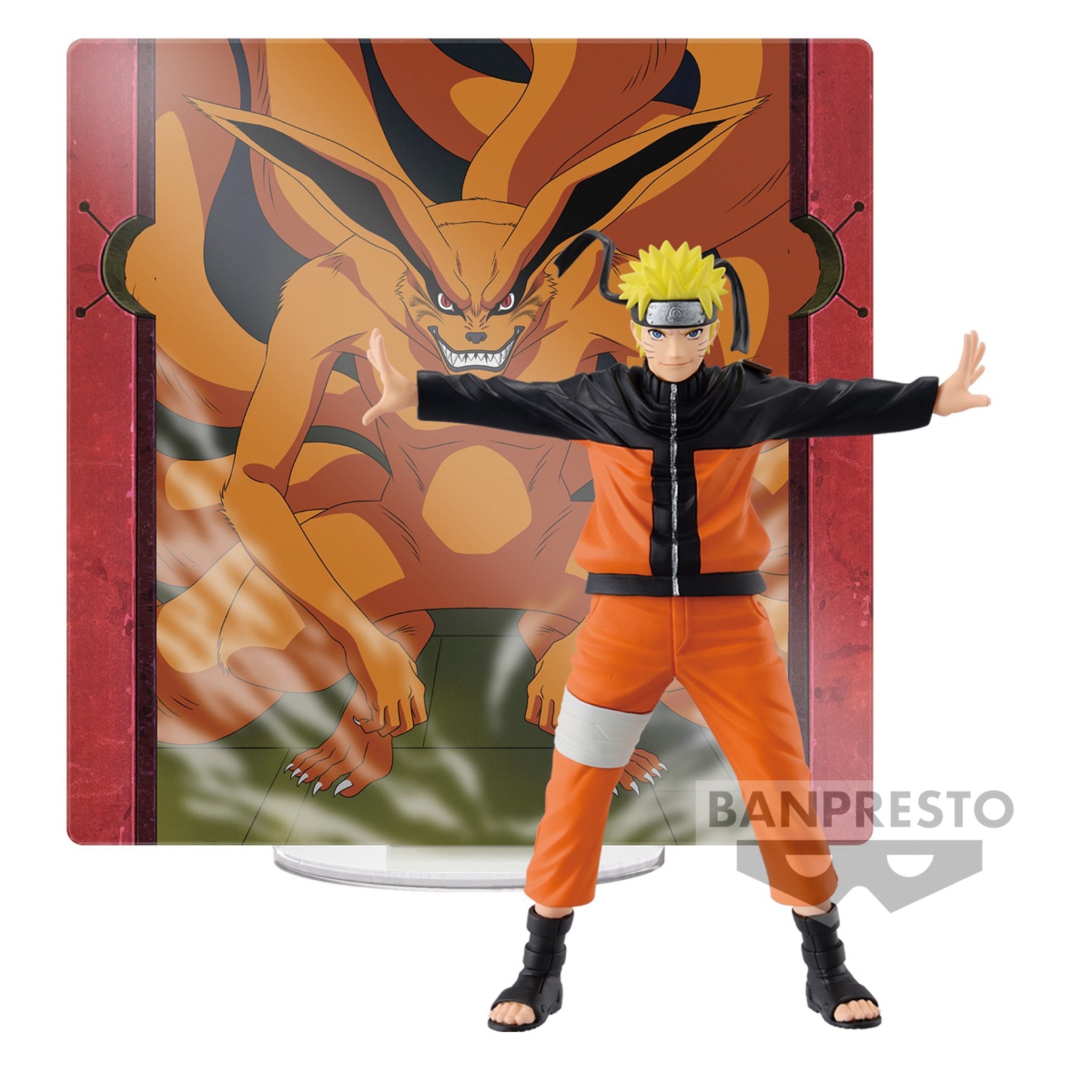 Figurine de Naruto Uzumaki en PVC, écartant les bras avec Kurama en arrière-plan.