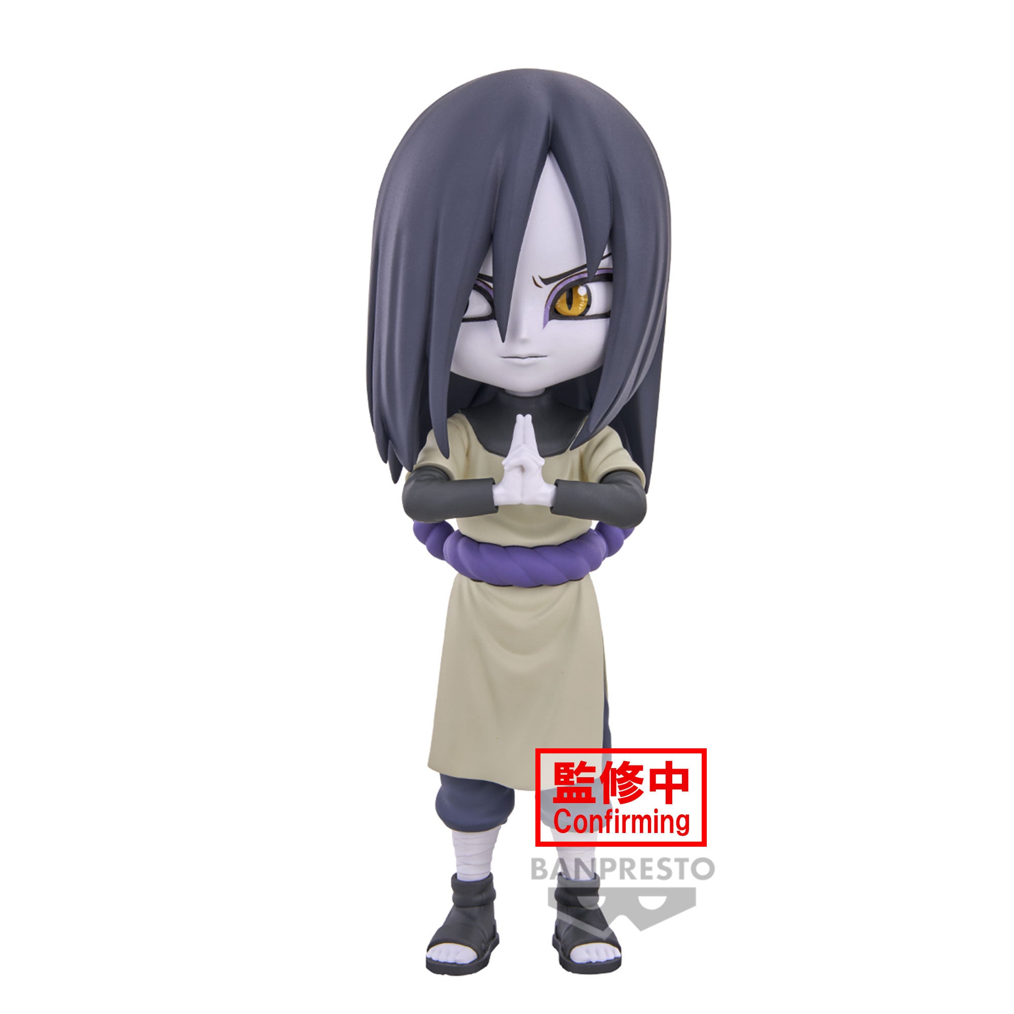 Figurine d'Orochimaru avec cheveux noirs, yeux dorés, expression malicieuse et mains jointes pour une technique ninjutsu.