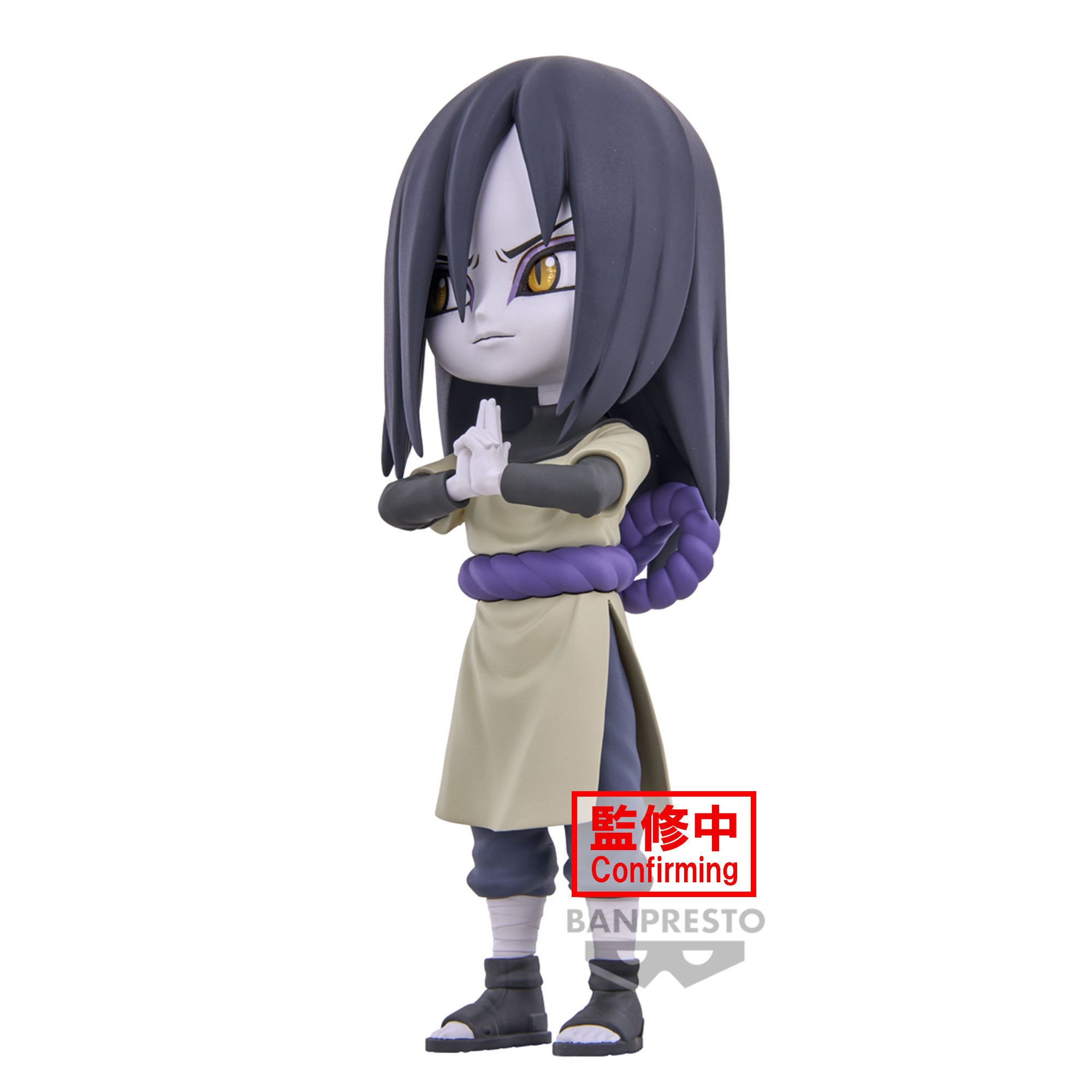 Figurine d'Orochimaru avec cheveux noirs, yeux dorés, expression malicieuse et mains jointes pour une technique ninjutsu.