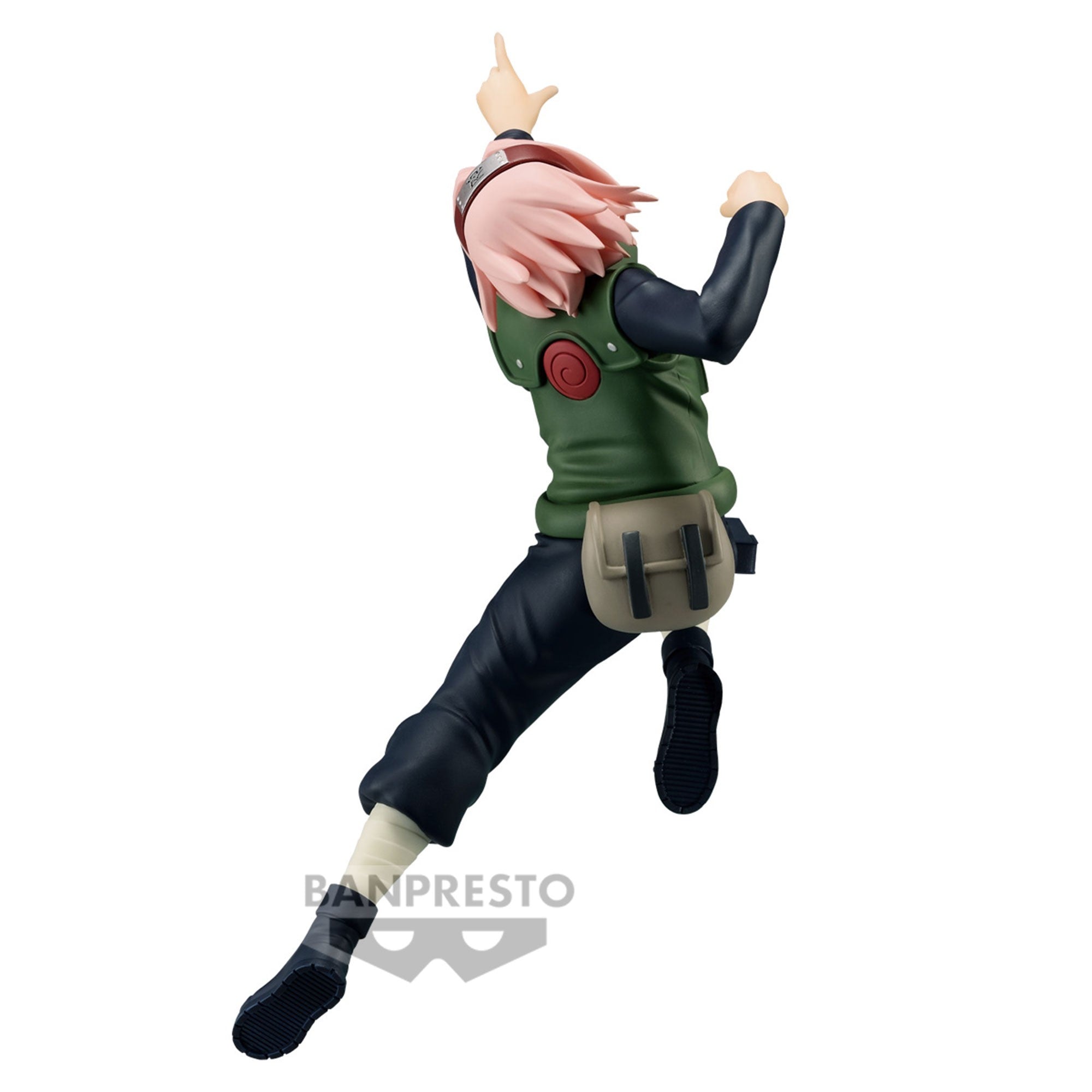 Figurine de Sakura Haruno de Naruto Shippuden avec un gilet de protection vert et une pose dynamique.