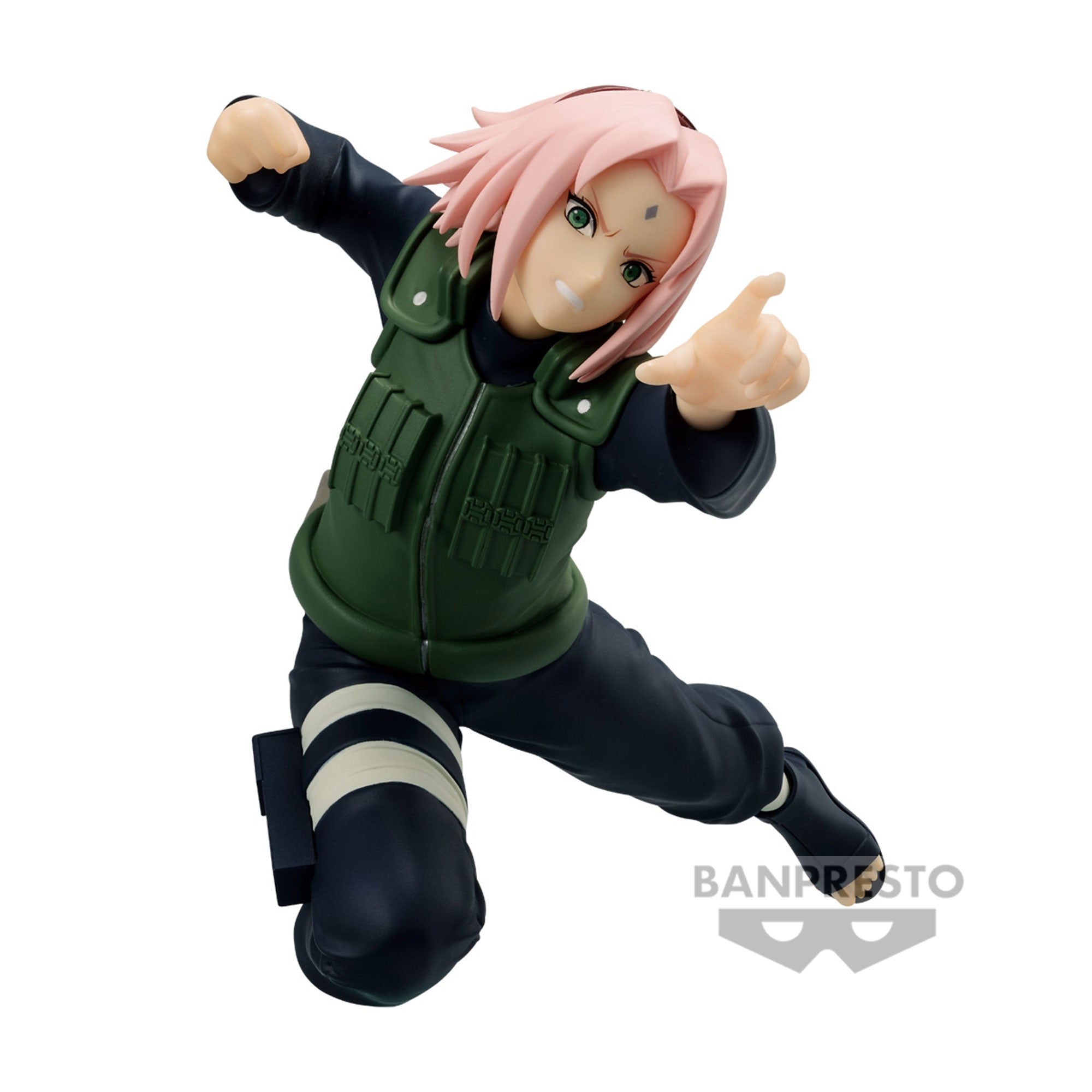 Figurine de Sakura Haruno de Naruto Shippuden avec un gilet de protection vert et une pose dynamique.