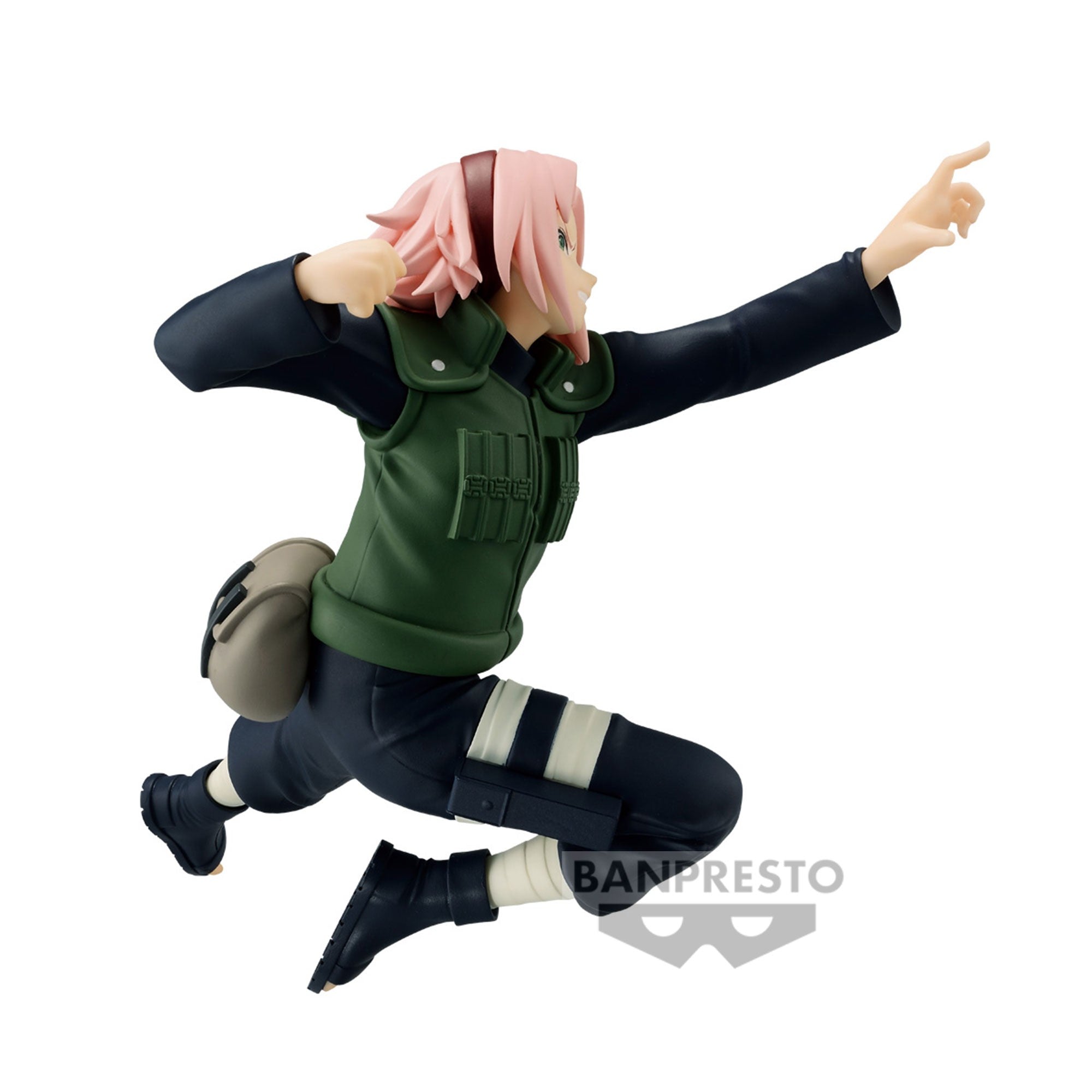 Figurine de Sakura Haruno de Naruto Shippuden avec un gilet de protection vert et une pose dynamique.