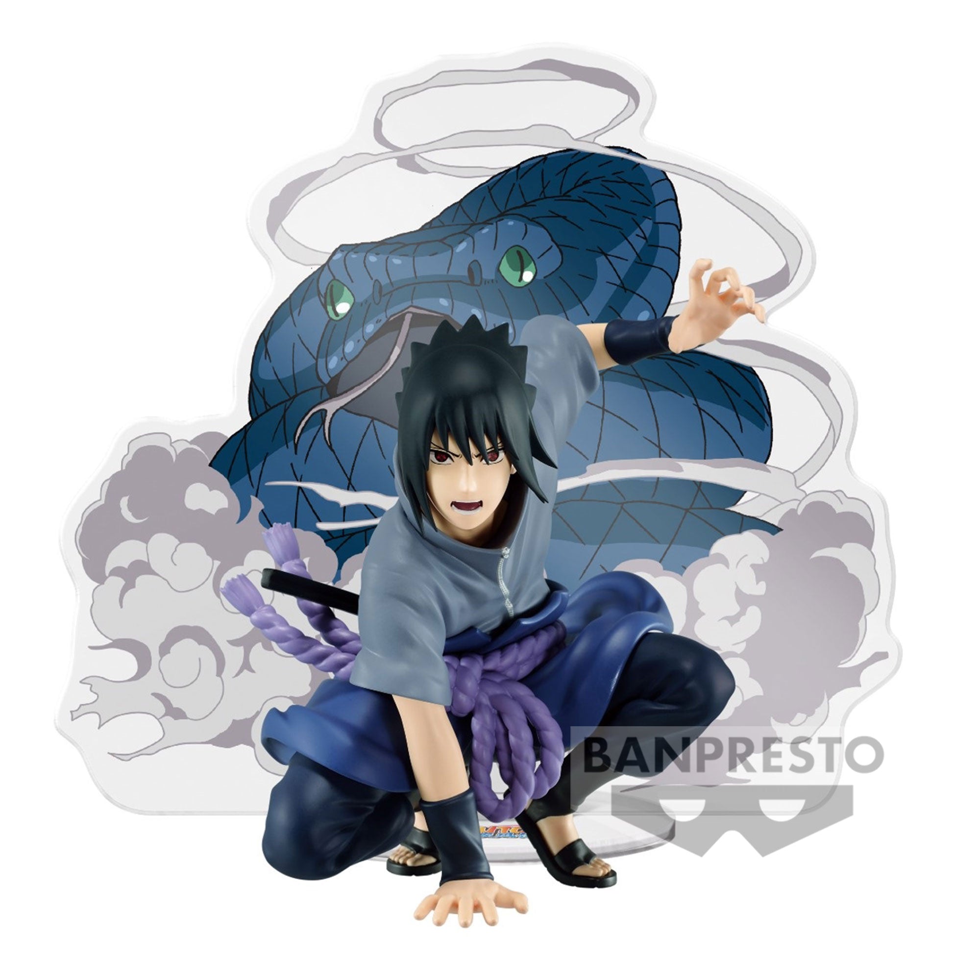 Figurine de Sasuke Uchiha accroupi avec Sharingan à l'œil droit et Rinnegan à l'œil gauche, fabriquée par Banpresto.