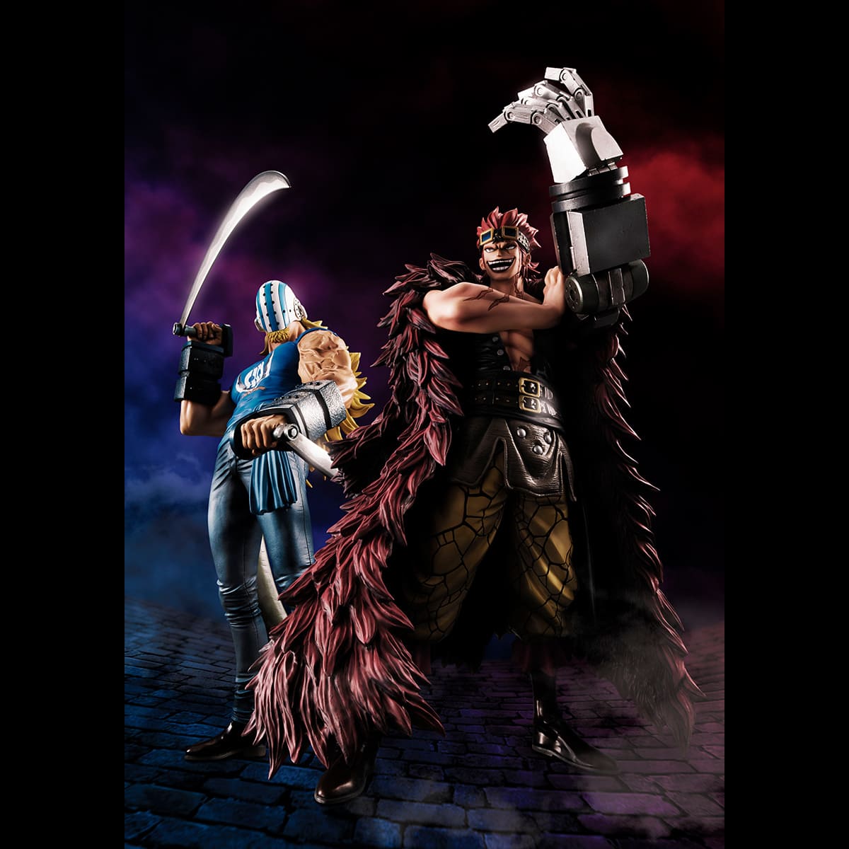 Figurine de Killer de la collection Portrait of Pirates, représentant un personnage avec une longue chevelure blonde, un casque, et des faux, dans une pose menaçante sur une base stable.
