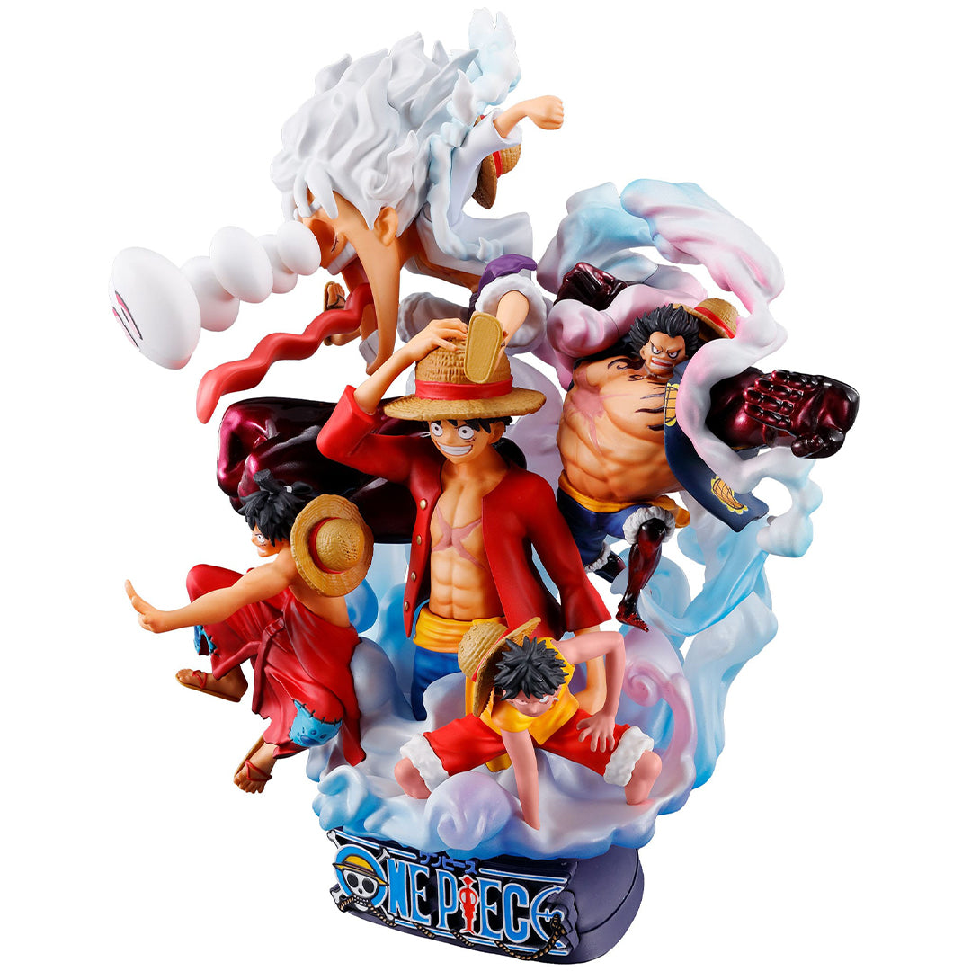 Figurine de Monkey D. Luffy en position dynamique, représentant son caractère intrépide, sculptée avec des détails précis, fabriquée par MegaHouse.