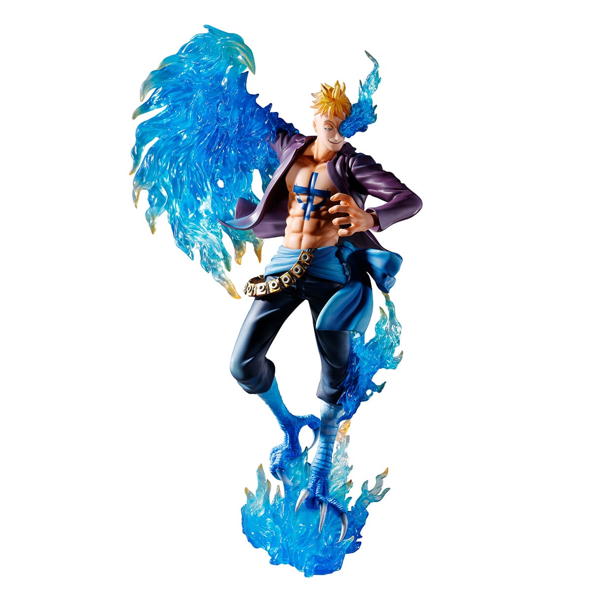 Marco le Phenix, personnage emblématique de One Piece, représenté en pose dynamique utilisant son Fruit du Démon sous forme hybride, avec des détails minutieux et une peinture de haute qualité.
