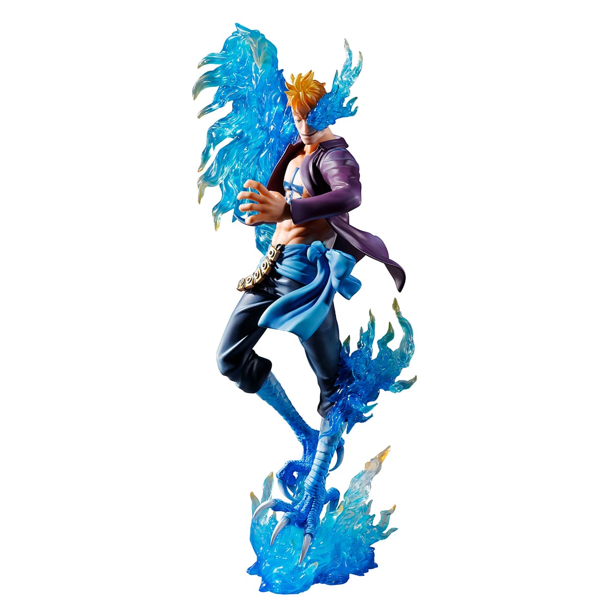 Marco le Phenix, personnage emblématique de One Piece, représenté en pose dynamique utilisant son Fruit du Démon sous forme hybride, avec des détails minutieux et une peinture de haute qualité.
