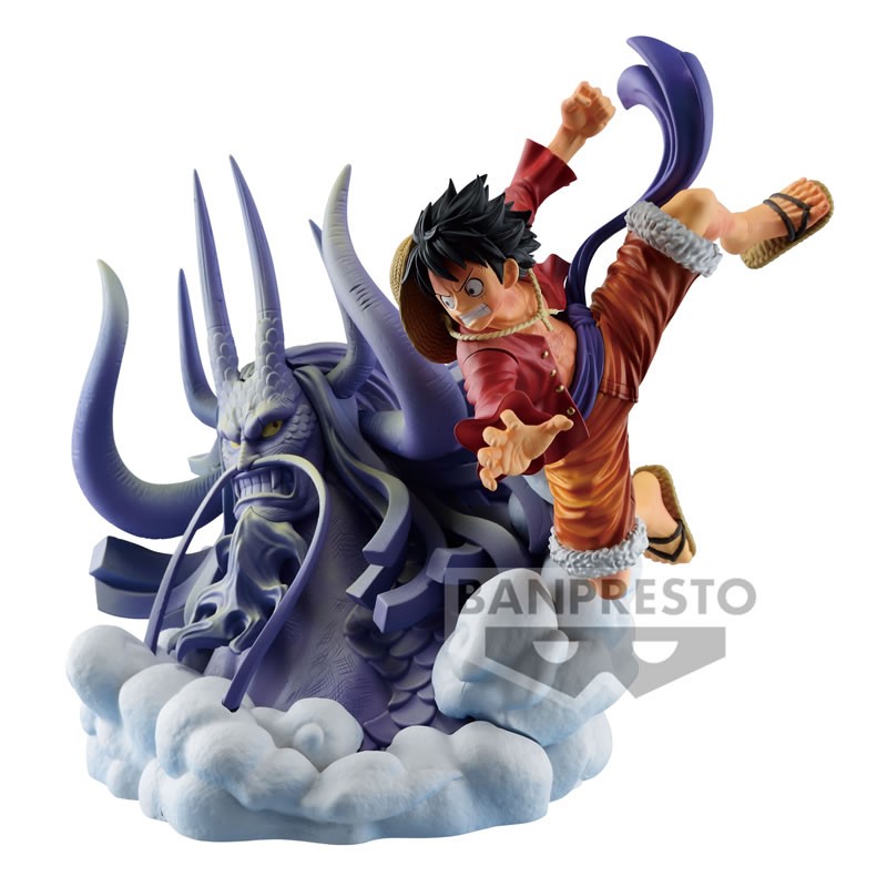 Figurine de Luffy en PVC représentant le personnage se préparant à donner un coup de poing, avec des détails sculptés et des couleurs vives, fabriquée par BANPRESTO.