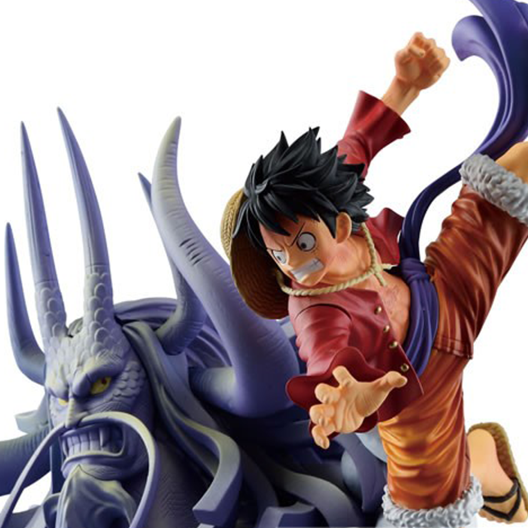 Figurine de Luffy en PVC représentant le personnage se préparant à donner un coup de poing, avec des détails sculptés et des couleurs vives, fabriquée par BANPRESTO.
