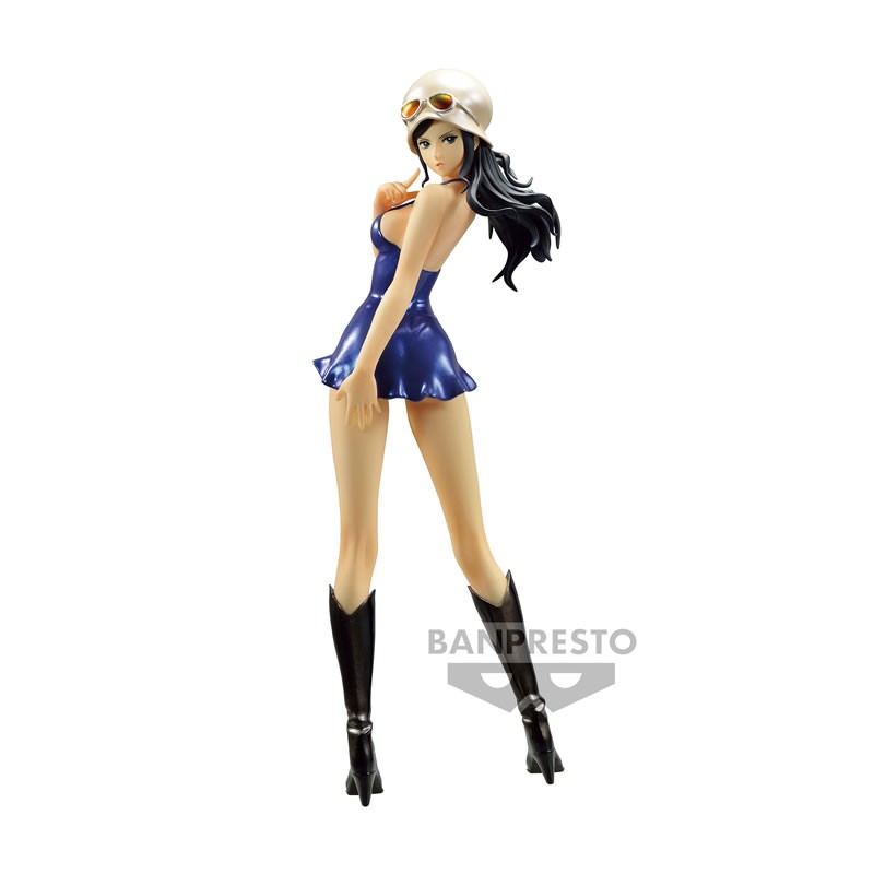 Figurine de Nico Robin dans une pose dynamique, mettant en valeur son élégance et sa force, fabriquée par BANPRESTO, avec des détails précis et des couleurs vives.