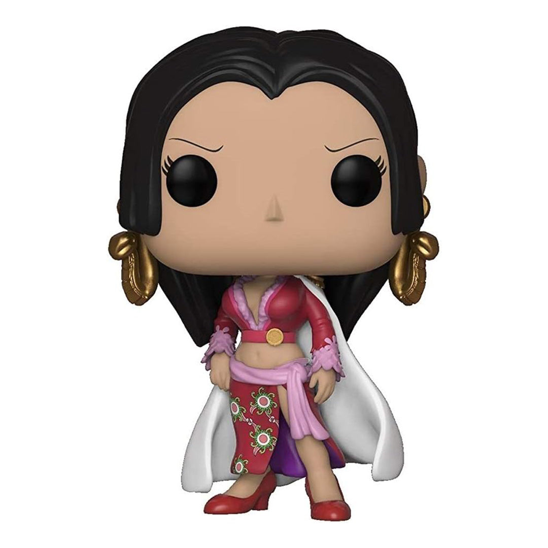 Figurine Pop de Boa Hancock avec une pose majestueuse, des cheveux longs et noirs, un regard perçant, mesurant 9 cm, fabriquée par Funko.