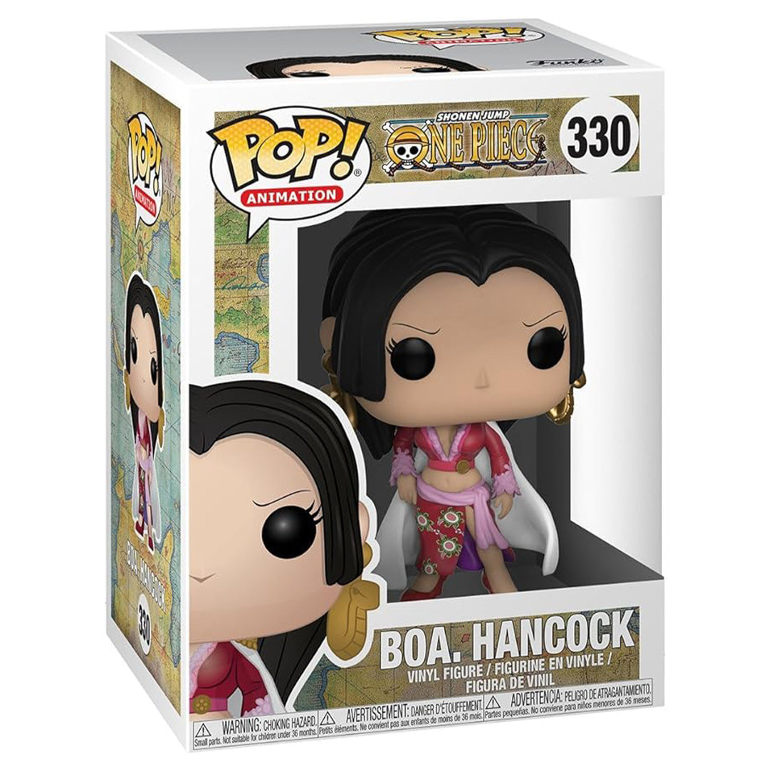 Figurine Pop de Boa Hancock avec une pose majestueuse, des cheveux longs et noirs, un regard perçant, mesurant 9 cm, fabriquée par Funko.