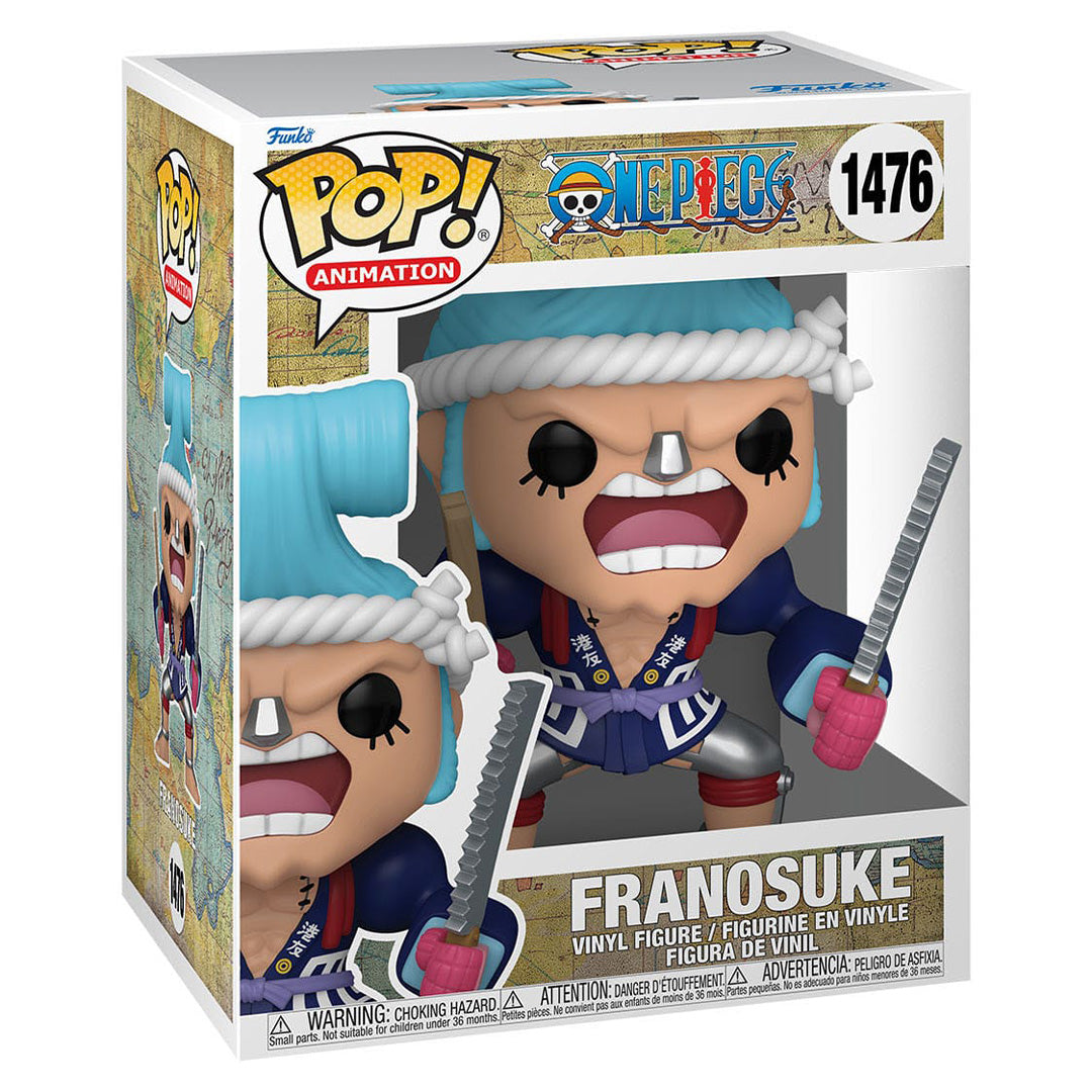 Figurine Pop de Franky dans une pose dynamique, tenant une scie dans une main et un morceau de bois dans l'autre, avec un kimono bleu et des détails de la tenue Wano Kuni, fabriquée par Funko.