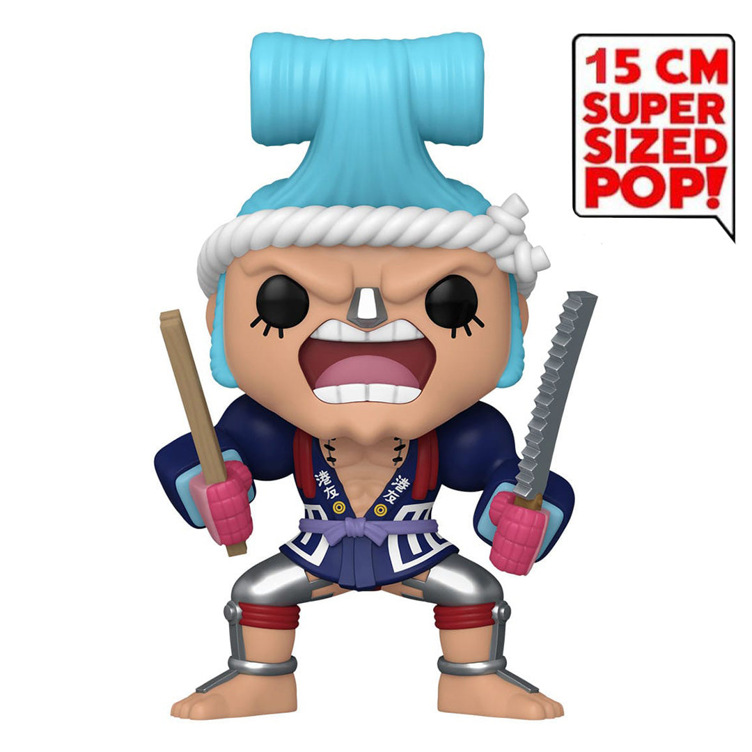 Figurine Pop de Franky dans une pose dynamique, tenant une scie dans une main et un morceau de bois dans l'autre, avec un kimono bleu et des détails de la tenue Wano Kuni, fabriquée par Funko.