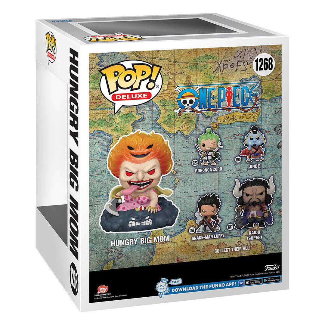 Figurine Pop de Big Mom, personnage de One Piece, dans une pose dynamique montrant sa puissance, fabriquée en PVC avec des détails soignés et des couleurs vives.