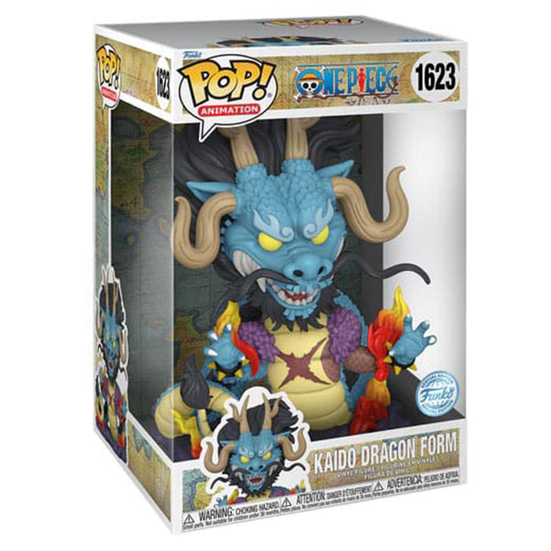 Kaido en dragon oriental avec des écailles brillantes, une longue chevelure, des moustaches et une cicatrice, dans une pose dynamique qui accentue son regard menaçant, fabriqué par Funko.
