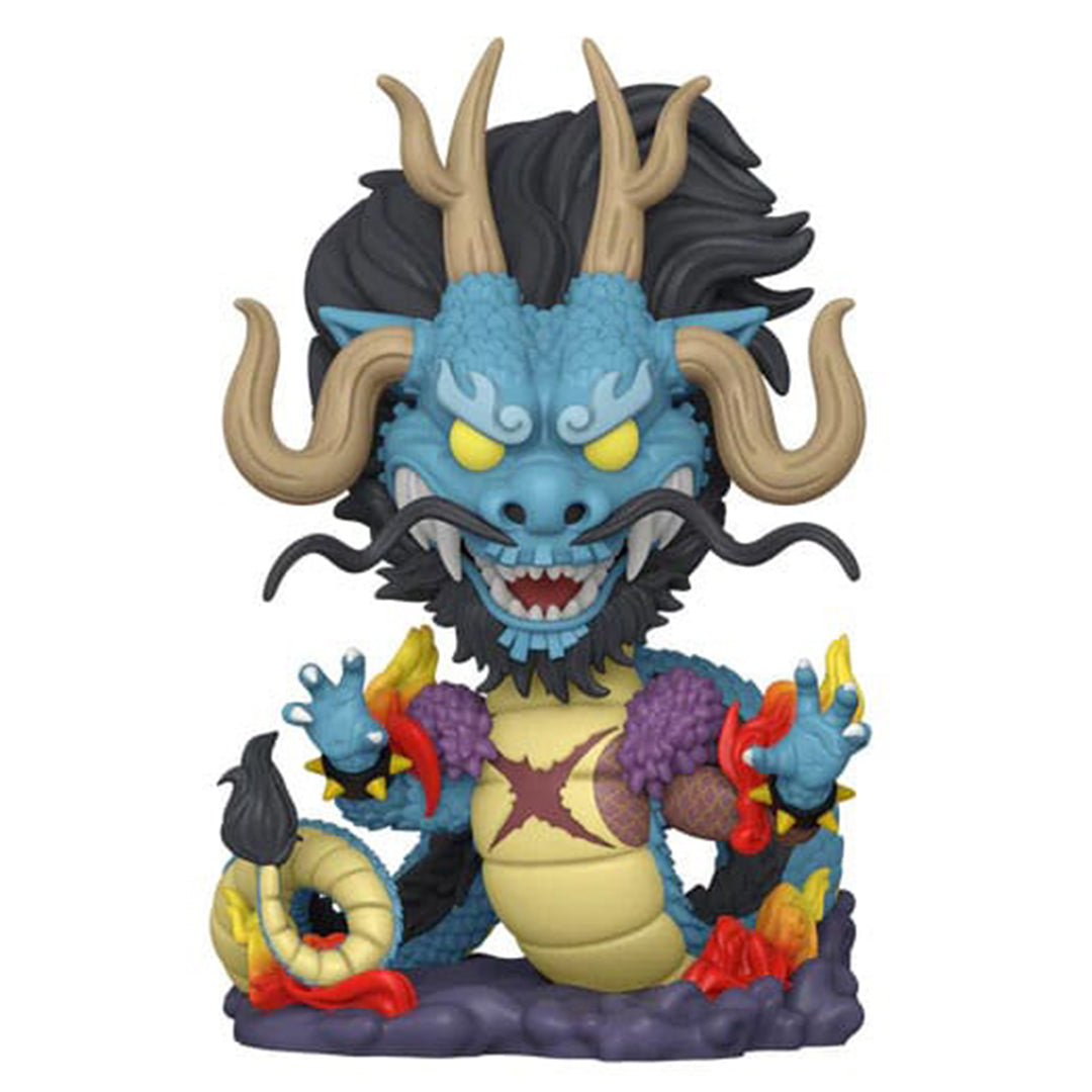 Kaido en dragon oriental avec des écailles brillantes, une longue chevelure, des moustaches et une cicatrice, dans une pose dynamique qui accentue son regard menaçant, fabriqué par Funko.