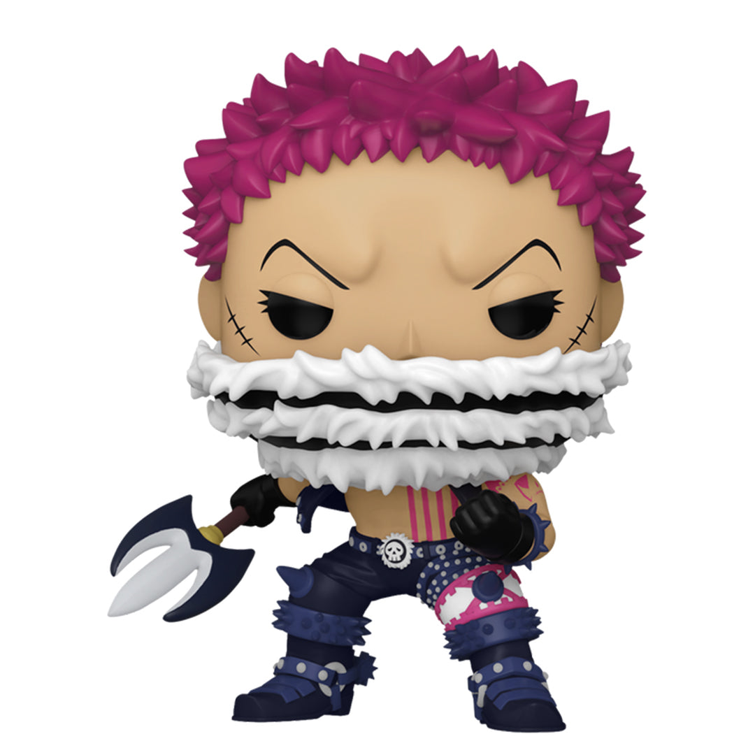 Figurine Pop de Charlotte Katakuri brandissant son trident avec une posture imposante, cheveux violets pointus, écharpe couvrant une partie de son visage, fabriquée par Funko.