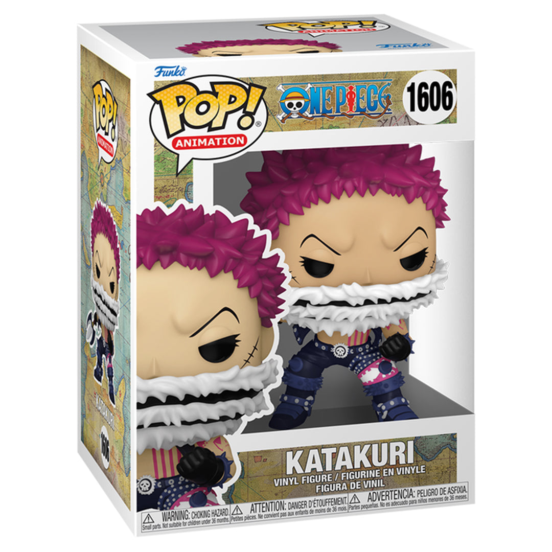 Figurine Pop de Charlotte Katakuri brandissant son trident avec une posture imposante, cheveux violets pointus, écharpe couvrant une partie de son visage, fabriquée par Funko.