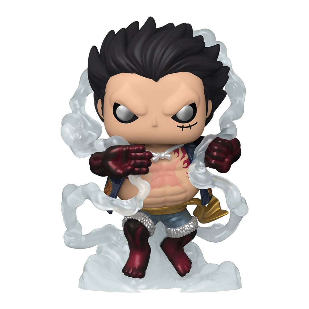 Figurine Pop de Luffy dans sa forme Gear 4 Bound Man, avec une main en avant et entouré d'un nuage de fumée, représentant une posture de combat dynamique, fabriquée par Funko.