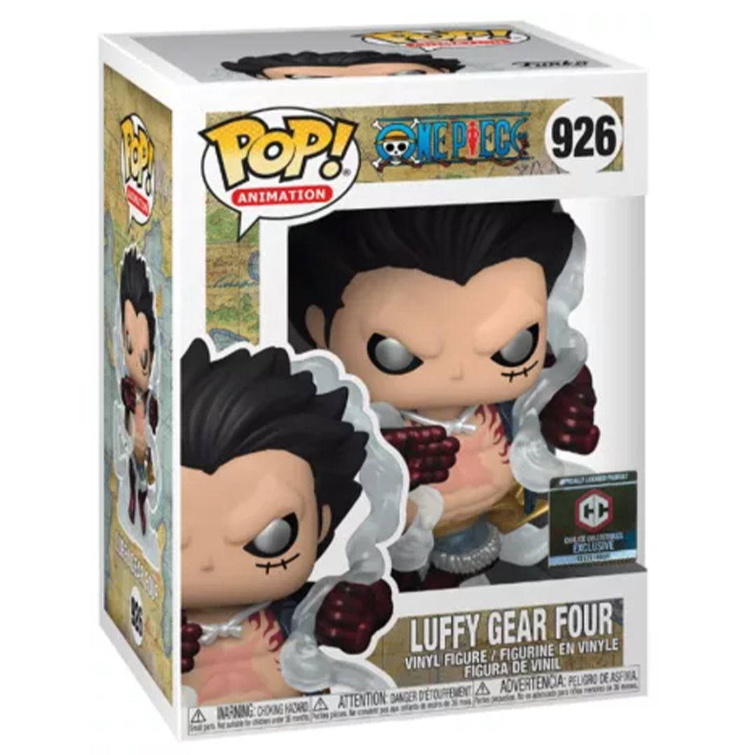 Figurine Pop de Luffy dans sa forme Gear 4 Bound Man, avec une main en avant et entouré d'un nuage de fumée, représentant une posture de combat dynamique, fabriquée par Funko.