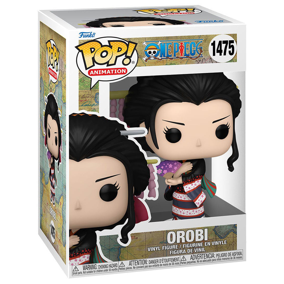 Figurine Pop de Nico Robin en tenue de Geisha traditionnelle noire, avec un chignon élégant et un éventail, fabriquée par Funko.