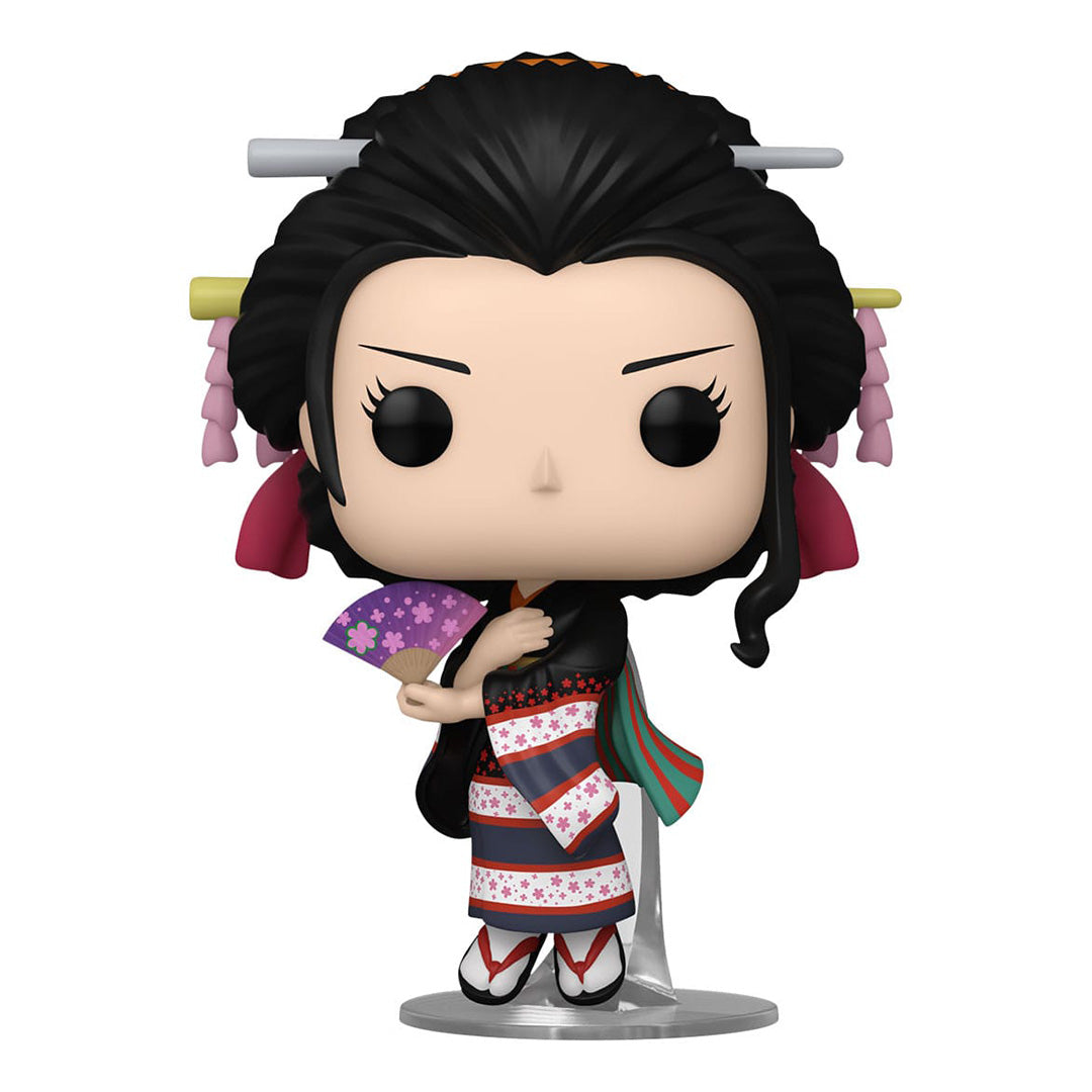 Figurine Pop de Nico Robin en tenue de Geisha traditionnelle noire, avec un chignon élégant et un éventail, fabriquée par Funko.
