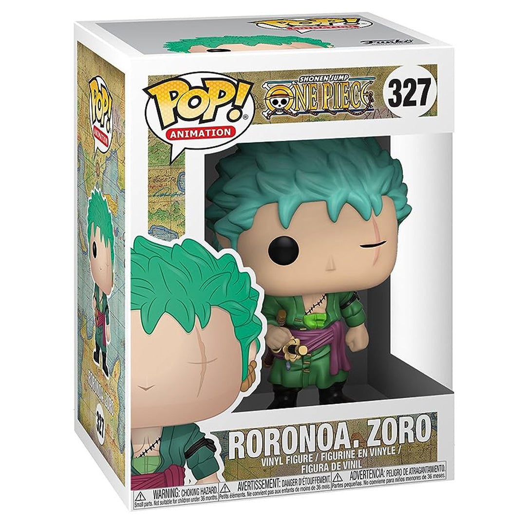 Figurine Funko Pop de Roronoa Zoro dans une pose imposante avec ses trois katanas à sa ceinture, présentant des détails minutieux tels que sa cicatrice sur l'œil et son kimono vert.