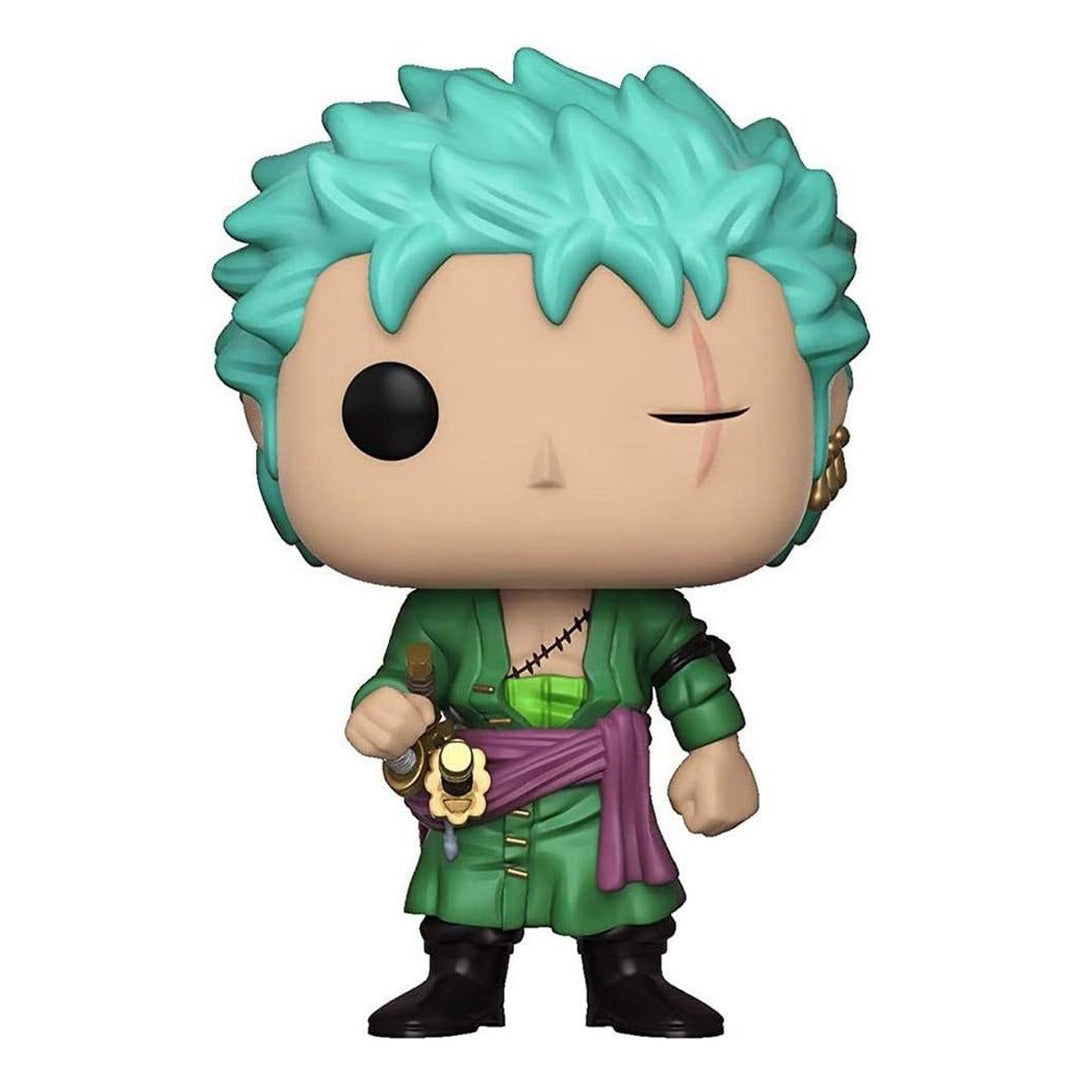 Figurine Funko Pop de Roronoa Zoro dans une pose imposante avec ses trois katanas à sa ceinture, présentant des détails minutieux tels que sa cicatrice sur l'œil et son kimono vert.