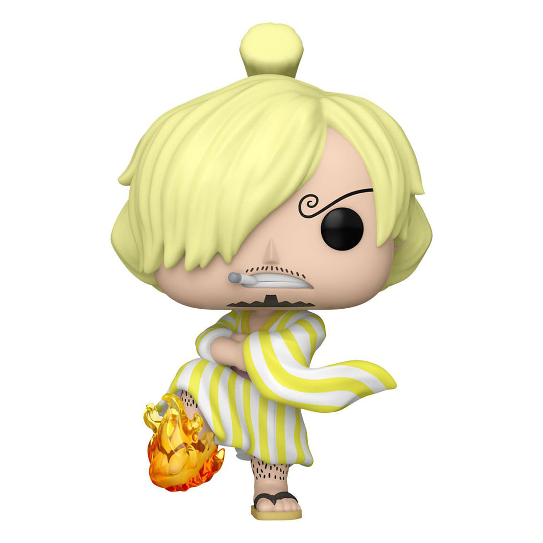 Figurine Pop de Sanji dans une pose dynamique, vêtu d'un kimono rayé jaune et blanc avec un pied enflammé, fabriquée par Funko.