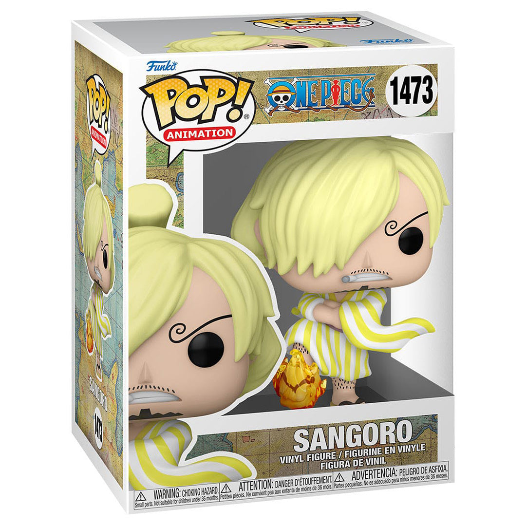Figurine Pop de Sanji dans une pose dynamique, vêtu d'un kimono rayé jaune et blanc avec un pied enflammé, fabriquée par Funko.
