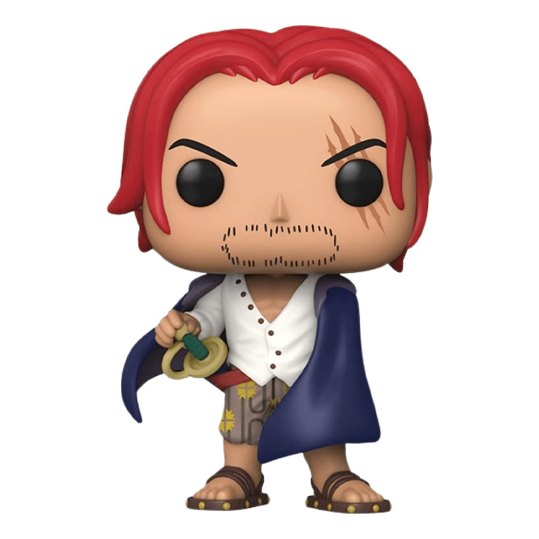 Figurine de Shanks le Roux debout avec la main sur son katana, fabriquée en PVC, mesurant 9 cm de hauteur, avec une pose dynamique et des détails soignés.