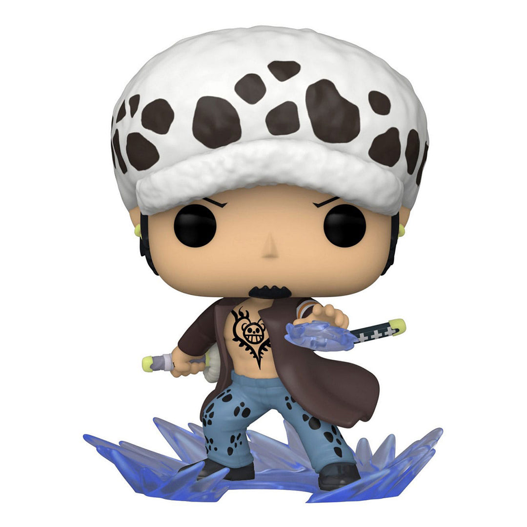 Figurine Pop de Trafalgar Law dans une pose dynamique utilisant sa technique Room avec une aura bleue claire, fabriquée en PVC par Funko.