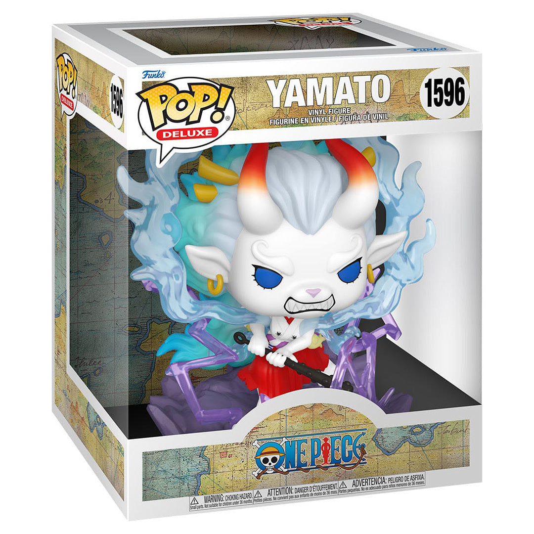 Figurine Funko POP de Yamato dans une pose dynamique, avec des éclairs violets autour du socle, expression déterminée et détails minutieux.